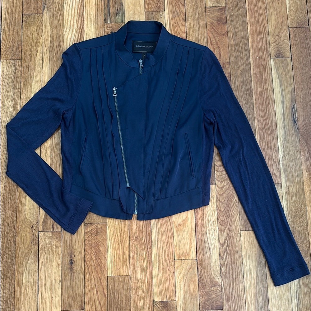 BCBG Max Azria Dark Blue knit and satin Jacket (1)